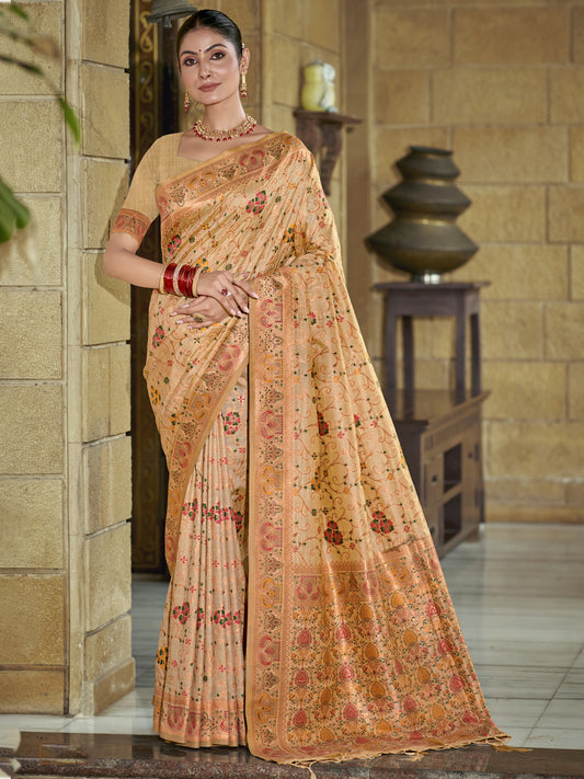 Sutriti Beige Banarasi Silk Saree with Golden Zari & Multicolor Weaving | Wedding & Festive Wear