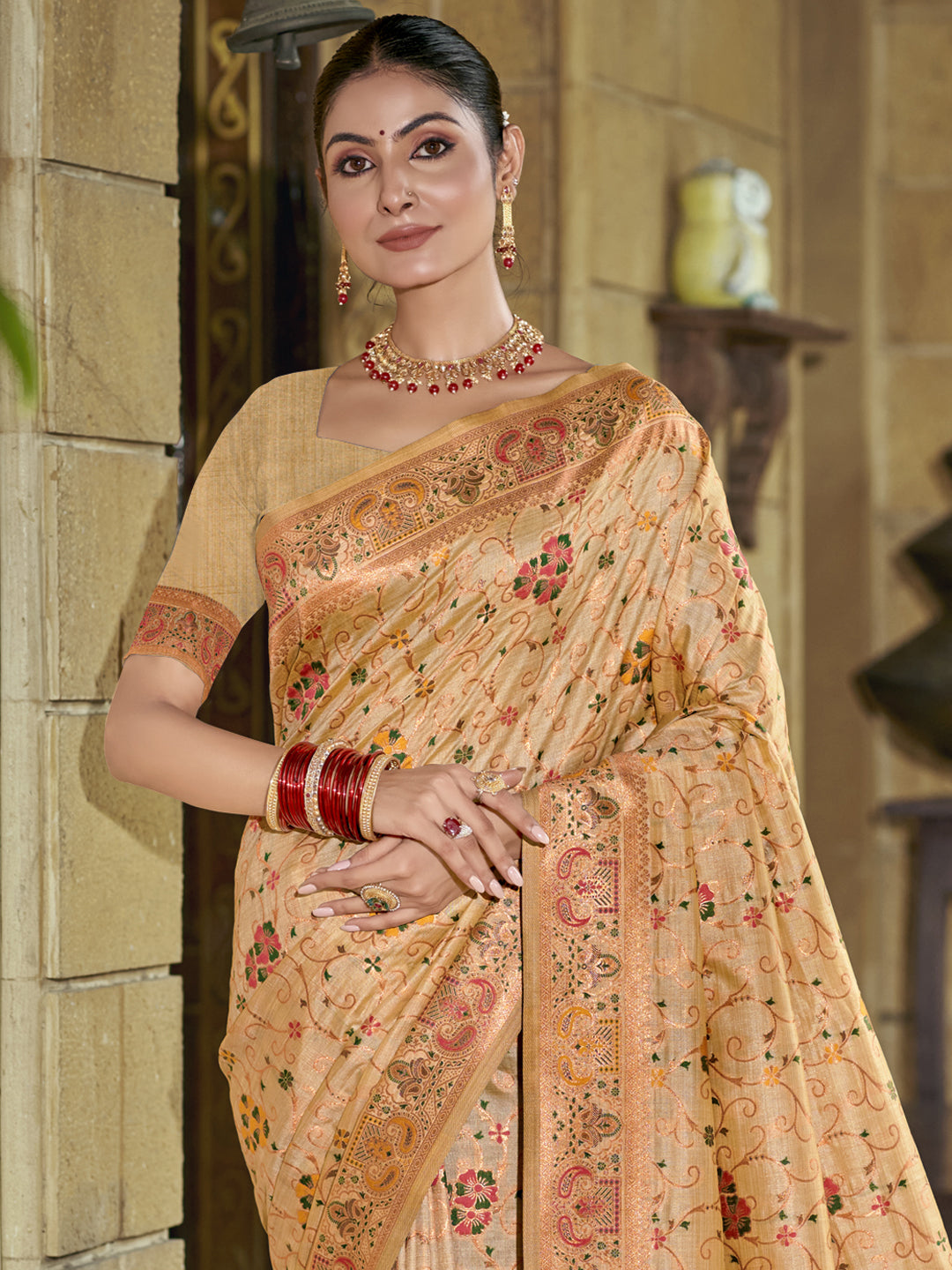 Sutriti Beige Banarasi Silk Saree with Golden Zari & Multicolor Weaving | Wedding & Festive Wear