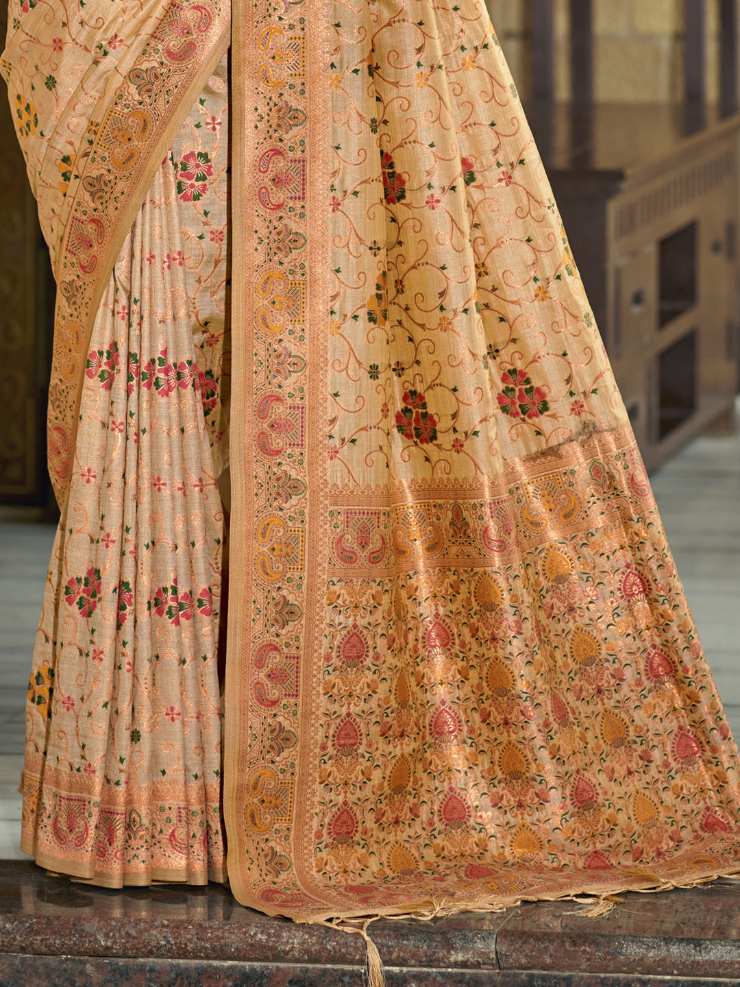 Sutriti Beige Banarasi Silk Saree with Golden Zari & Multicolor Weaving | Wedding & Festive Wear