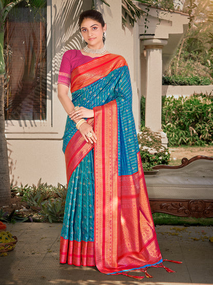 Sutriti Blue Banarasi Silk Saree with Red Zari Border & Golden Butta | Wedding & Festive Traditional Wear