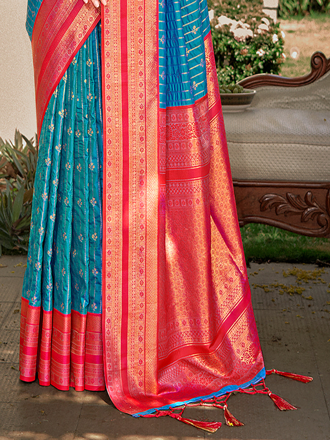 Sutriti Blue Banarasi Silk Saree with Red Zari Border & Golden Butta | Wedding & Festive Traditional Wear