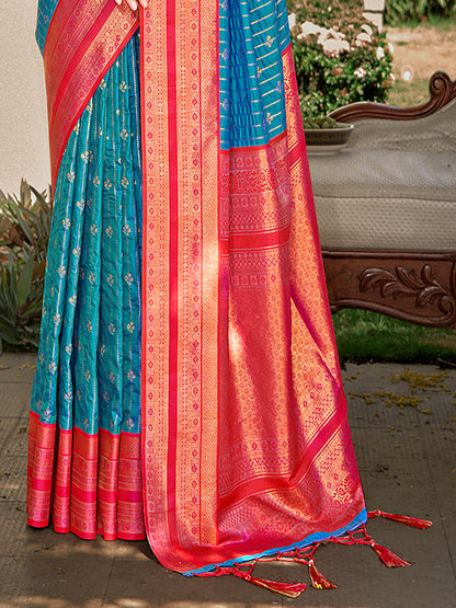 Sutriti Blue Banarasi Silk Saree with Red Zari Border & Golden Butta | Wedding & Festive Traditional Wear