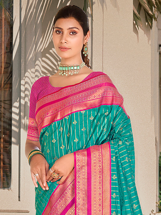 Sutriti Sea Green Banarasi Silk Saree with Red Zari Border & Golden Butta | Wedding & Festive Traditional Wear