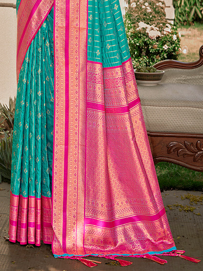 Sutriti Sea Green Banarasi Silk Saree with Red Zari Border & Golden Butta | Wedding & Festive Traditional Wear