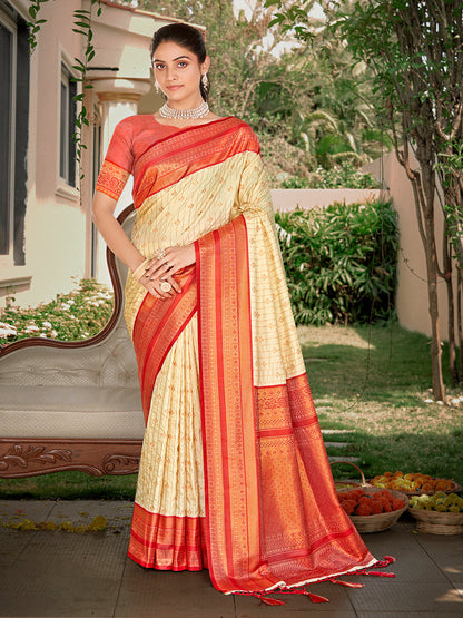 Sutriti Cream Banarasi Silk Saree with Red Zari Border & Golden Butta | Wedding & Festive Traditional Wear