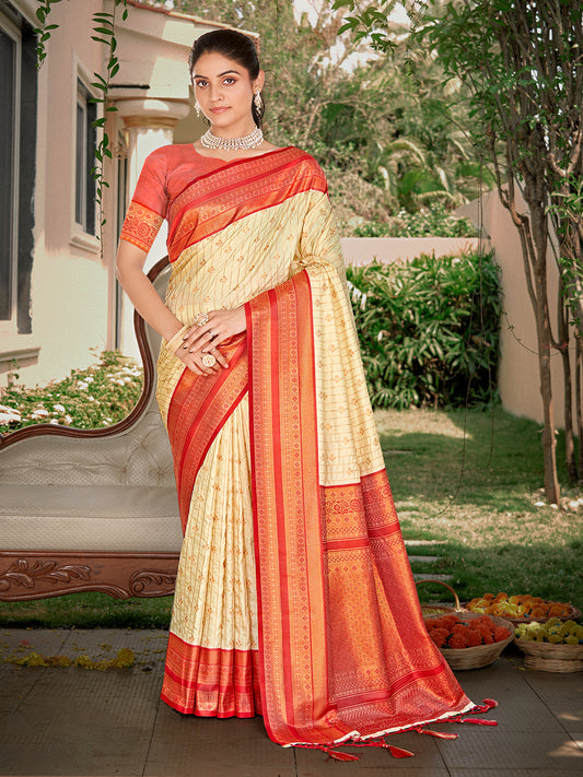 Sutriti Cream Banarasi Silk Saree with Red Zari Border & Golden Butta | Wedding & Festive Traditional Wear
