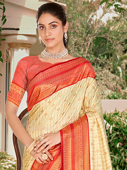 Sutriti Cream Banarasi Silk Saree with Red Zari Border & Golden Butta | Wedding & Festive Traditional Wear