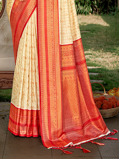 Sutriti Cream Banarasi Silk Saree with Red Zari Border & Golden Butta | Wedding & Festive Traditional Wear
