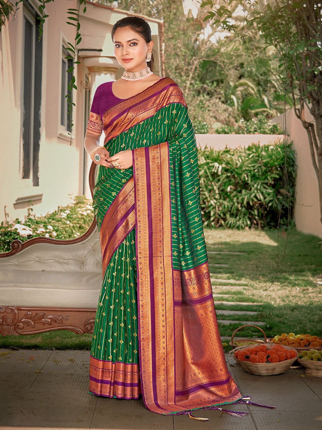 Sutriti Green Banarasi Silk Saree with Red Zari Border & Golden Butta | Wedding & Festive Traditional Wear