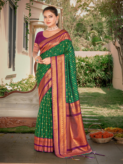 Sutriti Green Banarasi Silk Saree with Red Zari Border & Golden Butta | Wedding & Festive Traditional Wear