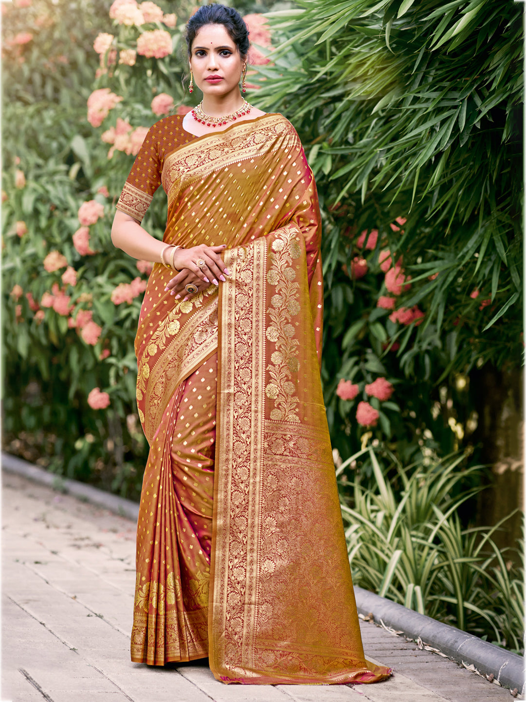 Sutriti Rust Brown Banarasi Silk Saree with Golden Zari Weaving & Rich Pallu | Wedding & Festive Wear