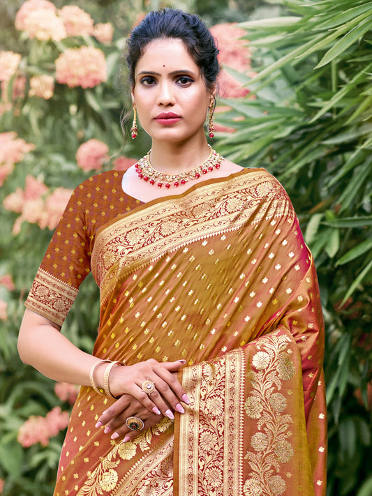 Sutriti Rust Brown Banarasi Silk Saree with Golden Zari Weaving & Rich Pallu | Wedding & Festive Wear