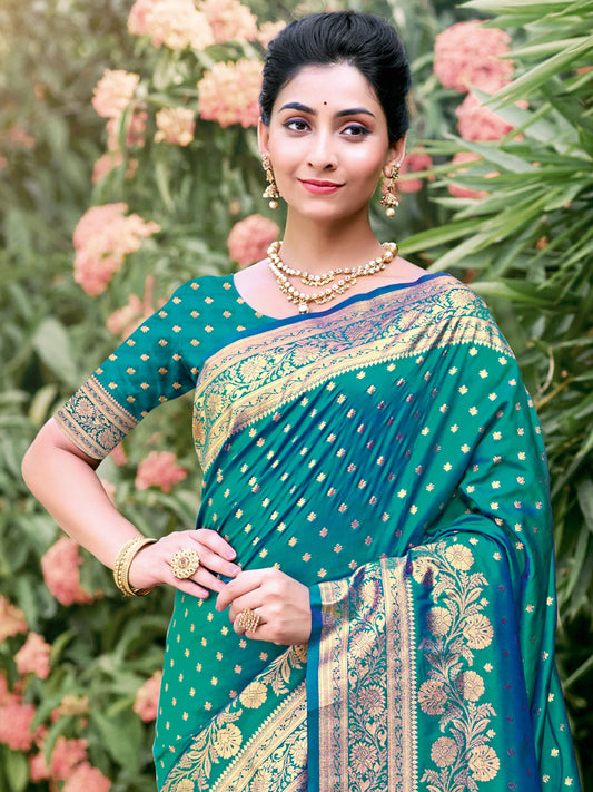 Sutriti Rust Sky Blue Banarasi Silk Saree with Golden Zari Weaving & Rich Pallu | Wedding & Festive Wear