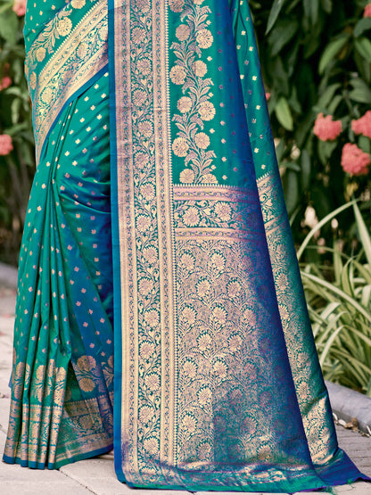 Sutriti Rust Sky Blue Banarasi Silk Saree with Golden Zari Weaving & Rich Pallu | Wedding & Festive Wear