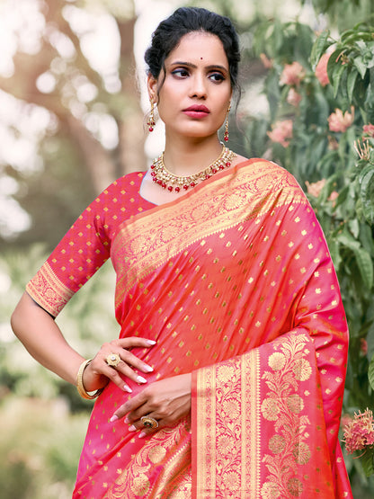 Sutriti Rust Pink Banarasi Silk Saree with Golden Zari Weaving & Rich Pallu | Wedding & Festive Wear