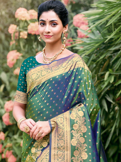 Sutriti Rust Green Banarasi Silk Saree with Golden Zari Weaving & Rich Pallu | Wedding & Festive Wear