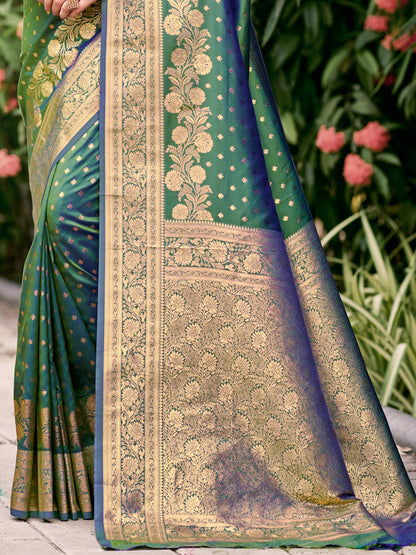 Sutriti Rust Green Banarasi Silk Saree with Golden Zari Weaving & Rich Pallu | Wedding & Festive Wear