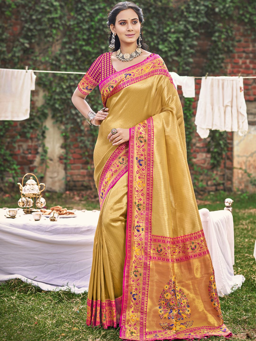 Sutriti Mustard Paithani Silk Saree with Pink Contrast Border & Floral Weaving | Wedding & Festive Wear