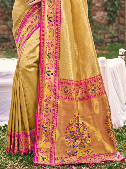 Sutriti Mustard Paithani Silk Saree with Pink Contrast Border & Floral Weaving | Wedding & Festive Wear