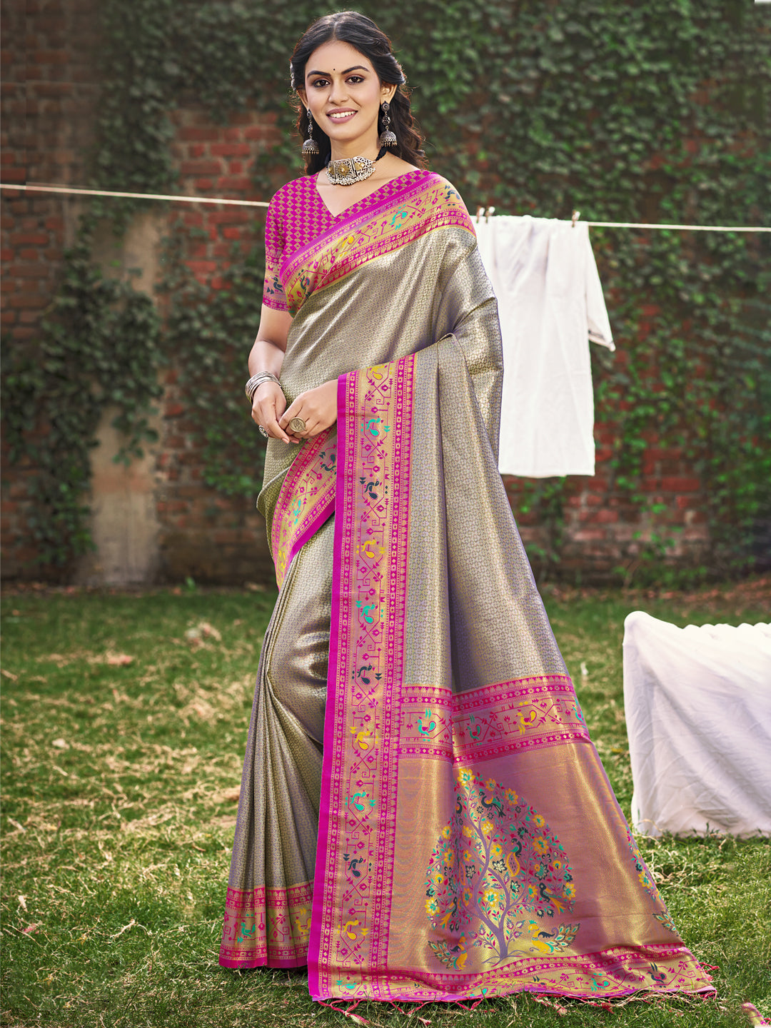 Sutriti Grey Paithani Silk Saree with Pink Contrast Border & Floral Weaving | Wedding & Festive Wear