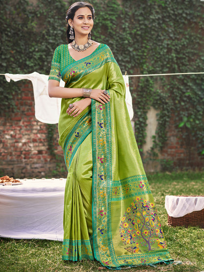 Sutriti Light Green Paithani Silk Saree with Pink Contrast Border & Floral Weaving | Wedding & Festive Wear