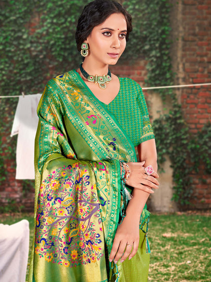 Sutriti Light Green Paithani Silk Saree with Pink Contrast Border & Floral Weaving | Wedding & Festive Wear