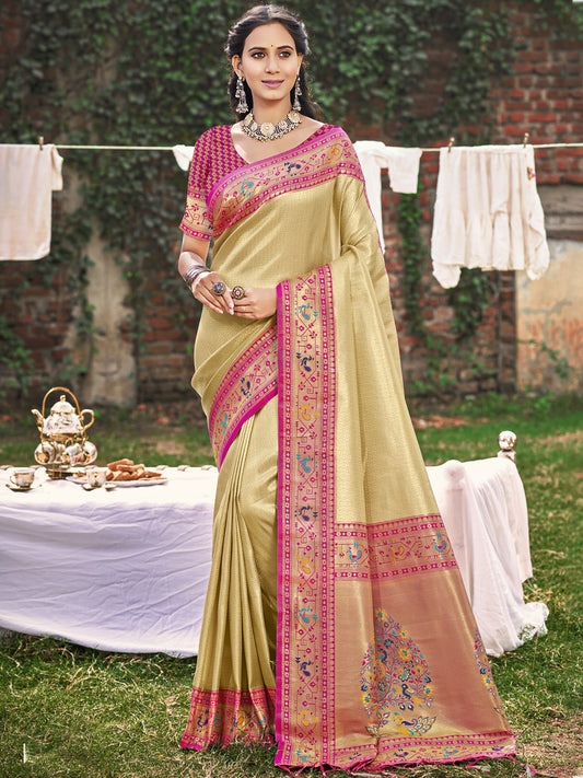 Sutriti Cream Paithani Silk Saree with Pink Contrast Border & Floral Weaving | Wedding & Festive Wear