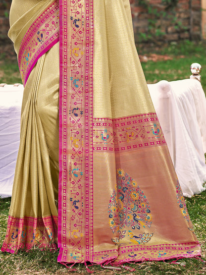 Sutriti Cream Paithani Silk Saree with Pink Contrast Border & Floral Weaving | Wedding & Festive Wear