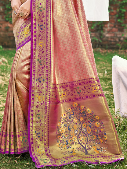 Sutriti Light Pink Paithani Silk Saree with Pink Contrast Border & Floral Weaving | Wedding & Festive Wear