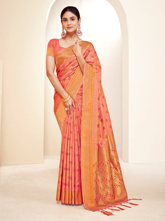 Sutriti Peach Peach Banarasi Silk Saree with Golden Zari Weaving & Floral Jaal for Wedding Wear
