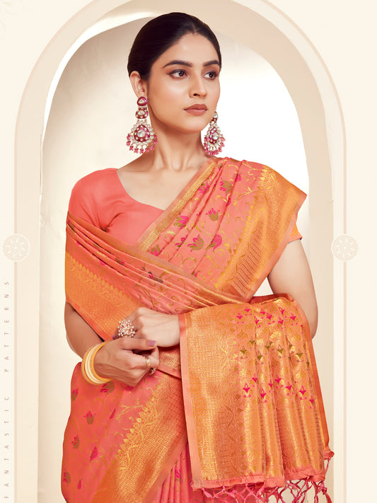 Sutriti Peach Peach Banarasi Silk Saree with Golden Zari Weaving & Floral Jaal for Wedding Wear