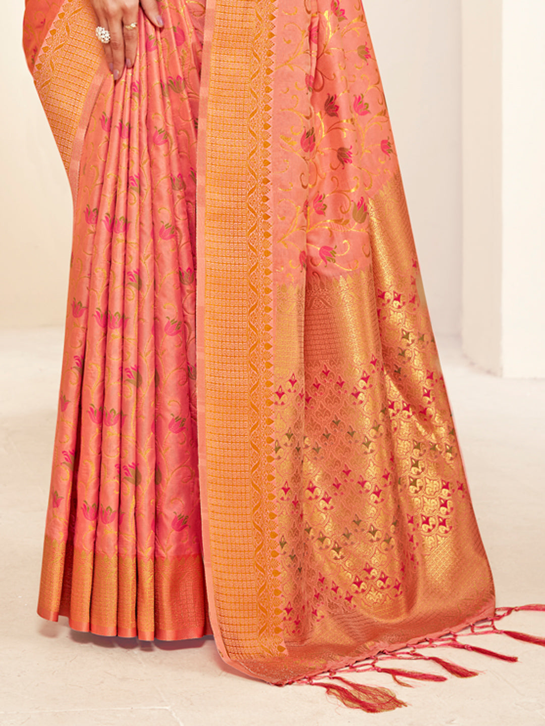 Sutriti Peach Peach Banarasi Silk Saree with Golden Zari Weaving & Floral Jaal for Wedding Wear