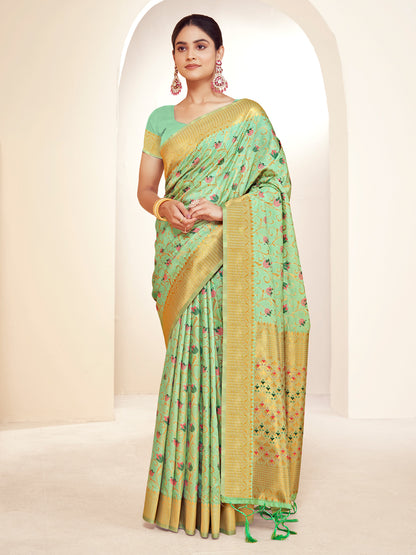 Sutriti Peach Green Banarasi Silk Saree with Golden Zari Weaving & Floral Jaal for Wedding Wear