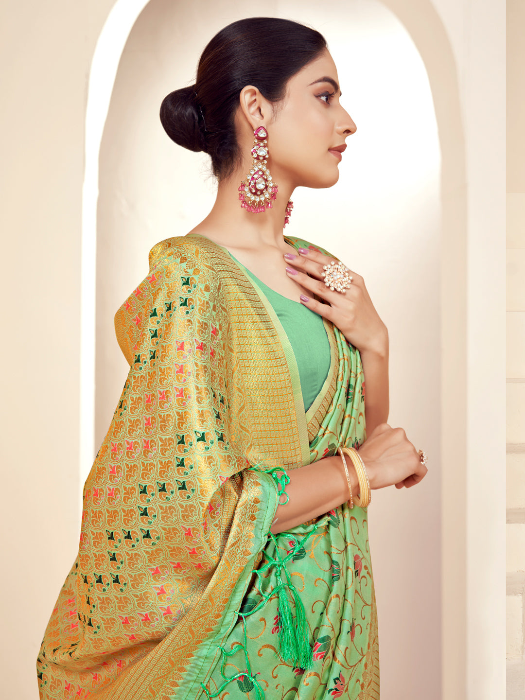 Sutriti Peach Green Banarasi Silk Saree with Golden Zari Weaving & Floral Jaal for Wedding Wear