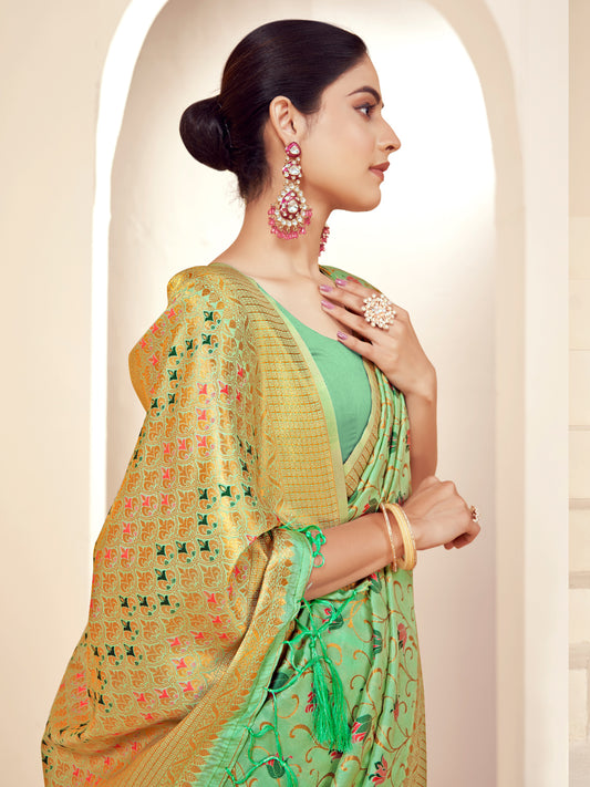 Sutriti Peach Green Banarasi Silk Saree with Golden Zari Weaving & Floral Jaal for Wedding Wear