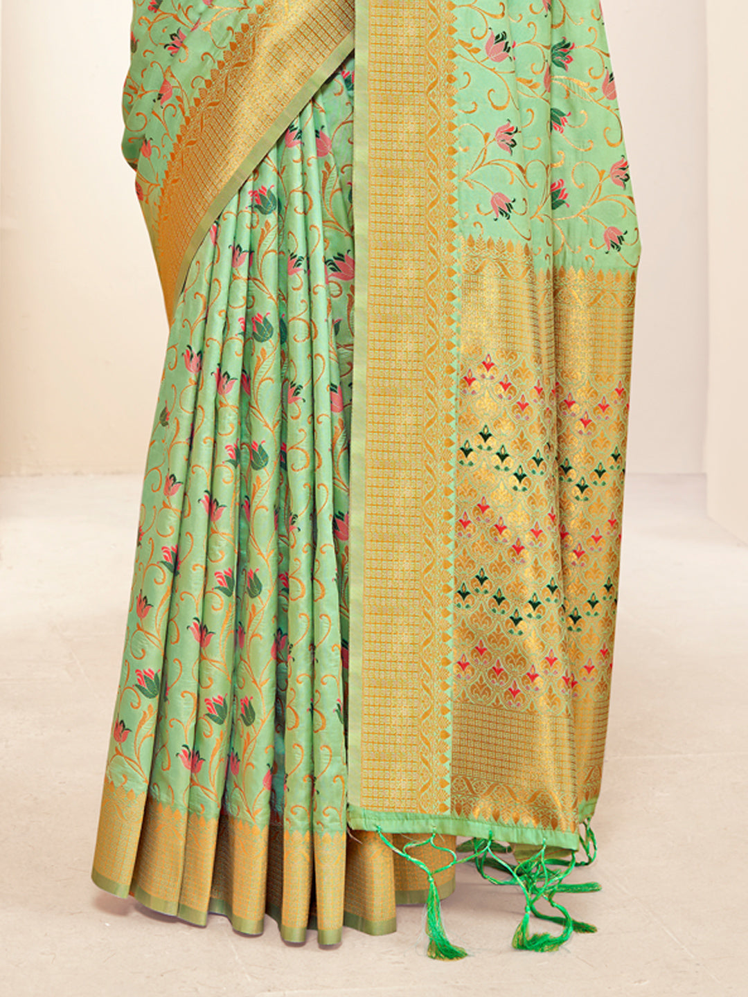 Sutriti Peach Green Banarasi Silk Saree with Golden Zari Weaving & Floral Jaal for Wedding Wear