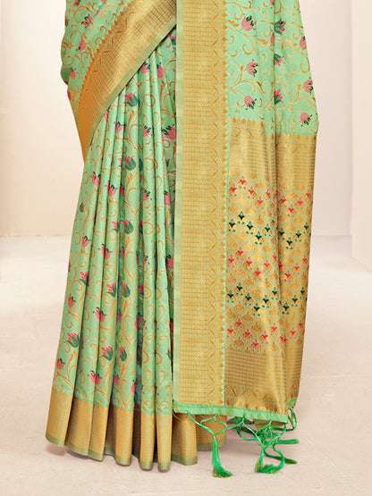 Sutriti Peach Green Banarasi Silk Saree with Golden Zari Weaving & Floral Jaal for Wedding Wear