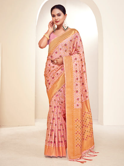 Sutriti Peach Pink Banarasi Silk Saree with Golden Zari Weaving & Floral Jaal for Wedding Wear