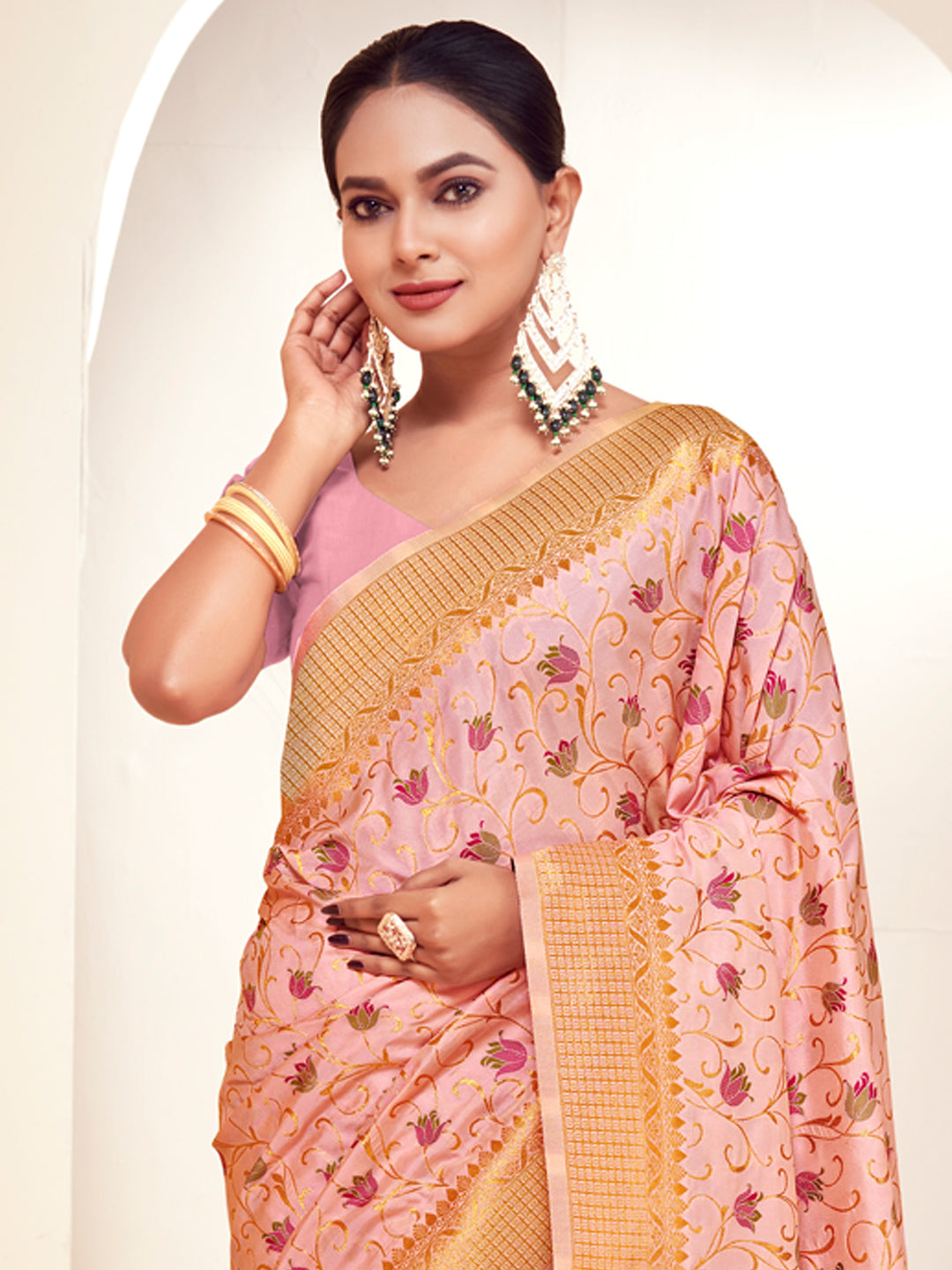 Sutriti Peach Pink Banarasi Silk Saree with Golden Zari Weaving & Floral Jaal for Wedding Wear