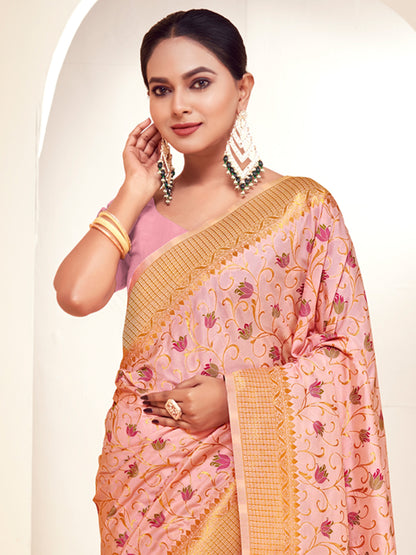 Sutriti Peach Pink Banarasi Silk Saree with Golden Zari Weaving & Floral Jaal for Wedding Wear