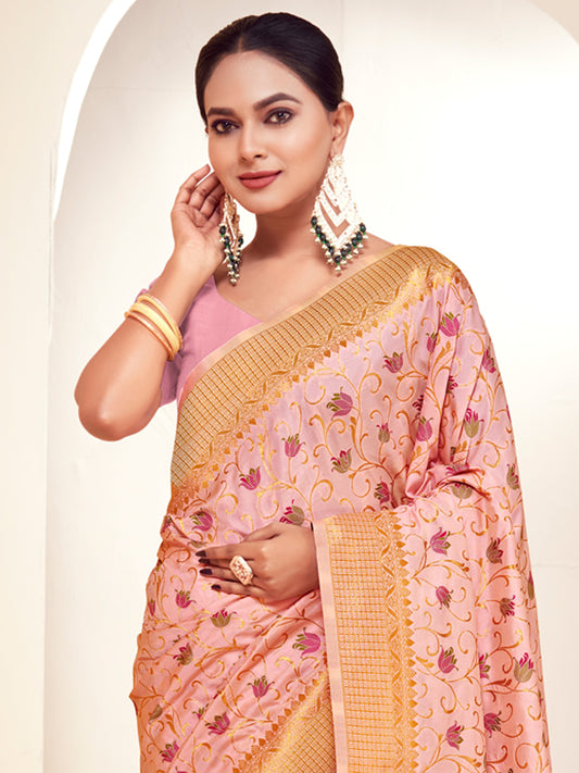 Sutriti Peach Pink Banarasi Silk Saree with Golden Zari Weaving & Floral Jaal for Wedding Wear