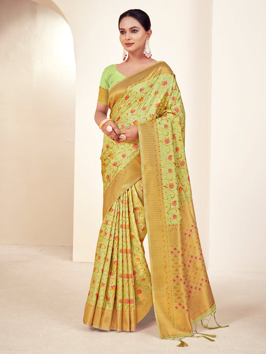 Sutriti Peach Light Green Banarasi Silk Saree with Golden Zari Weaving & Floral Jaal for Wedding Wear