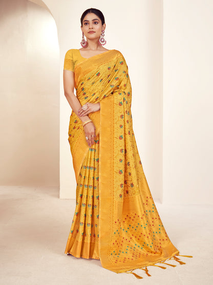 Sutriti Peach Mustard Banarasi Silk Saree with Golden Zari Weaving & Floral Jaal for Wedding Wear