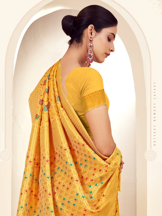 Sutriti Peach Mustard Banarasi Silk Saree with Golden Zari Weaving & Floral Jaal for Wedding Wear