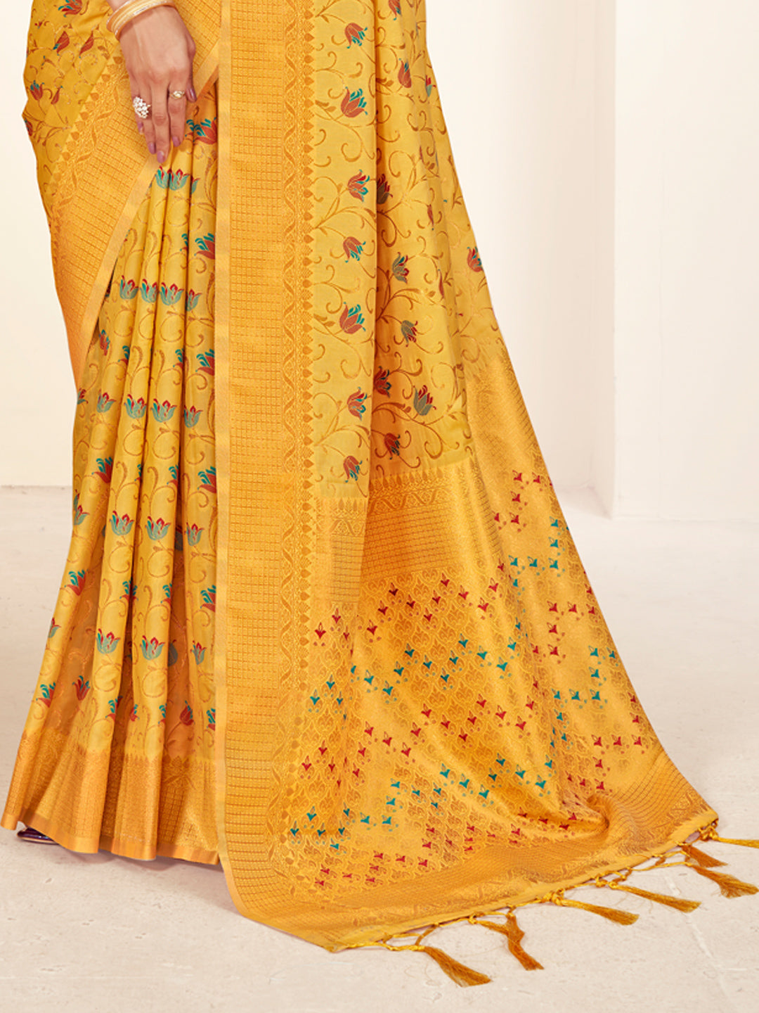 Sutriti Peach Mustard Banarasi Silk Saree with Golden Zari Weaving & Floral Jaal for Wedding Wear