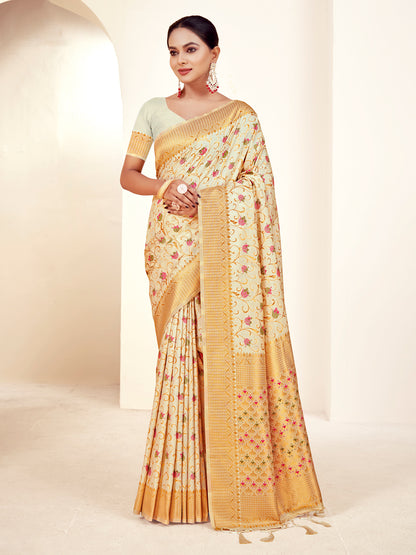 Sutriti Peach Cream Banarasi Silk Saree with Golden Zari Weaving & Floral Jaal for Wedding Wear