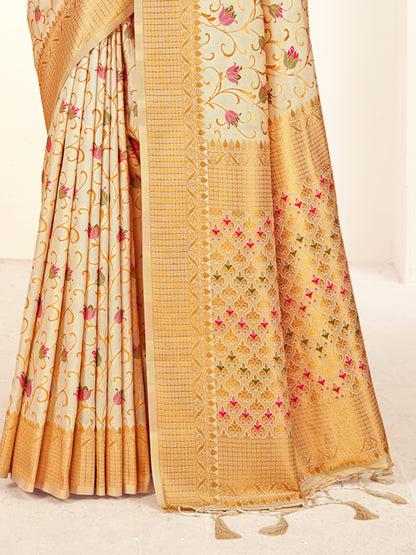 Sutriti Peach Cream Banarasi Silk Saree with Golden Zari Weaving & Floral Jaal for Wedding Wear