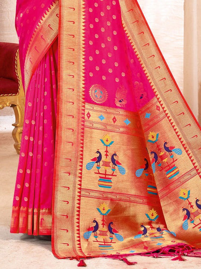 Sutriti Pink Paithani Silk Saree with Golden Zari and Colorful Peacock Woven Pallu Design