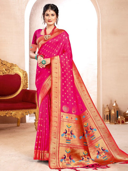 Sutriti Pink Paithani Silk Saree with Golden Zari and Colorful Peacock Woven Pallu Design