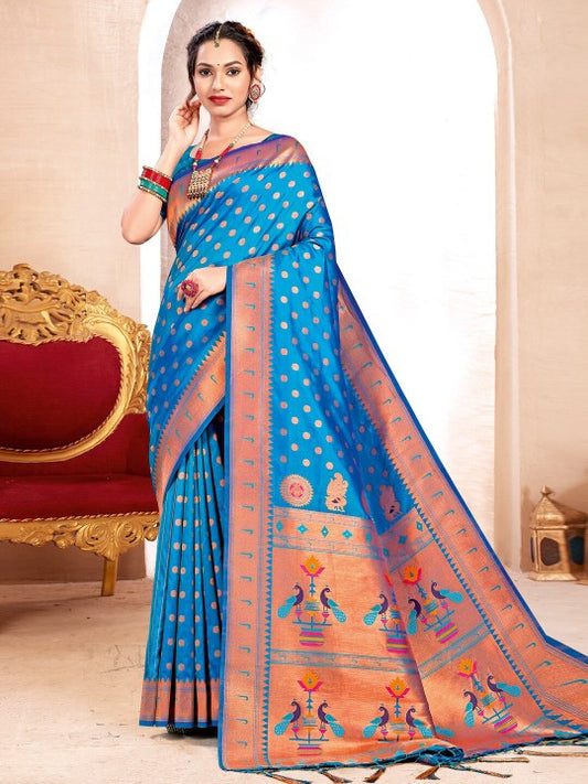 Sutriti Blue Kanjivaram Silk Saree with Golden Zari and Colorful Peacock Woven Pallu Design